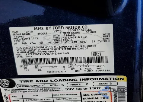 2010 Ford F150 Supercrew z USA, uszkodzony, nr VIN 1FTFW1EV0AFD80345